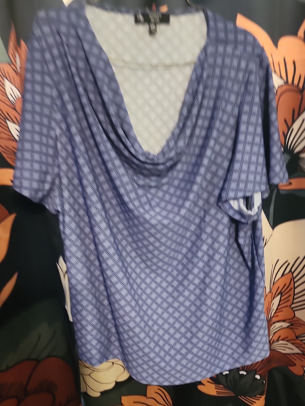 Ashley Blue Periwinkle Geometric Cowl-Neck Short Sleeve Top